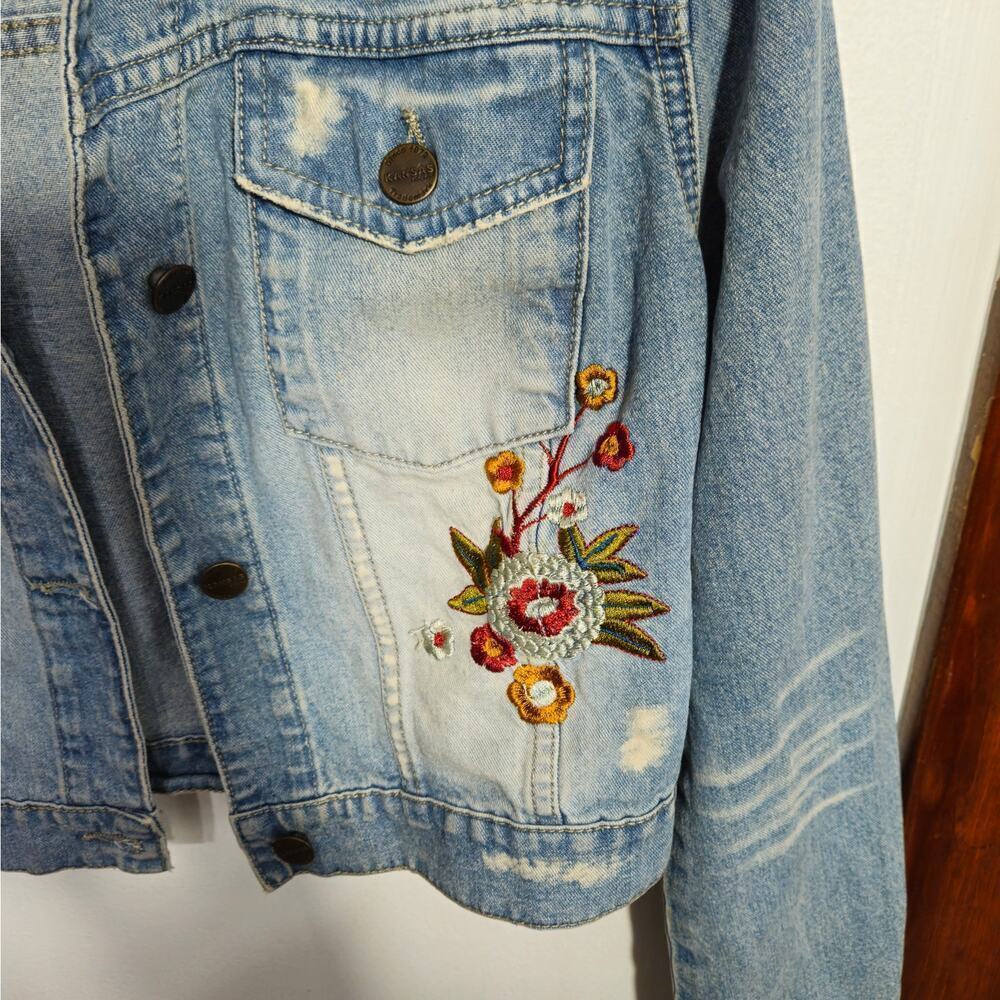 Rare Distressed Floral Embroidery Cropped Womens Denim Jacket Button Up Sz Small - Picture 4 of 6